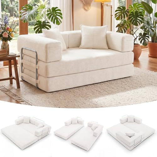 YINIX Canapé Lit Pliant 160cm Grand Double, Canapé Modulable Futon Boneless, Velours Côtelé avec Cadre Métal, Matelas de Sol 2 Places, Base Antidérapante, Housse Lavable - 2