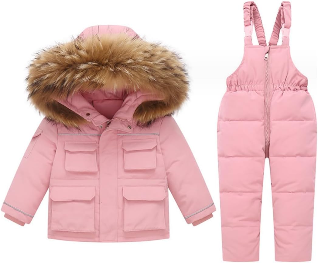 DINGDONG'S CLOSET Kid Boy Girl Winter Hooded Multi-Pocket Fur Down Parka Puffer Jacket+Snow Bibs 2-Piece Snowsuit Skisuit Set