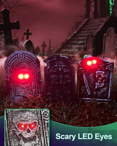 KALAHOL Halloween 3D Tombstones Decoration with 6 Lights(3 Purple and 3 Green), with Spider Web and Spider Accessories, Halloween Lights for Grave, Outdoor Decoration, Garden, Party - Image 3
