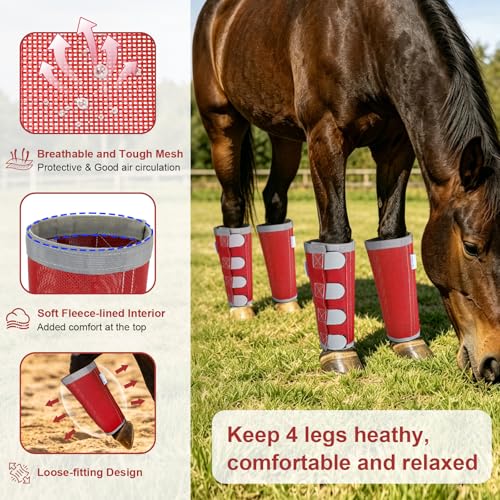 Image of Reflective Horse Fly Boots Set of 4, Loose Fitting Leggings for Horses, Equine Fly Leg Wraps Socks for 4 Legs, Breathable Adjustable and Universal Fit, Reliable Stay Put and on (Red)