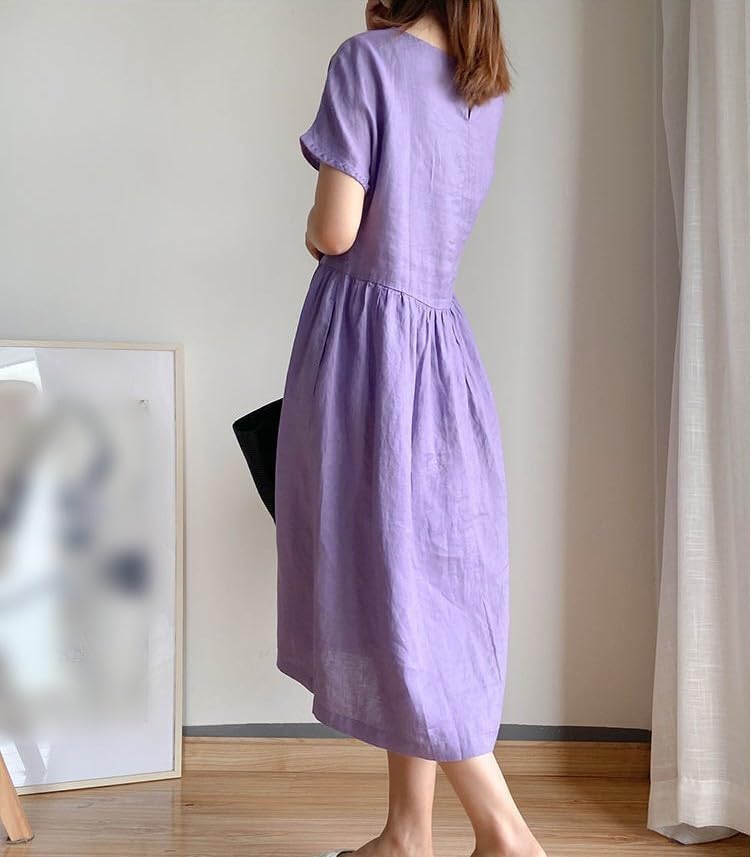 Robe mi-longue d'été chic en lin et coton d'une élégance pure - 4