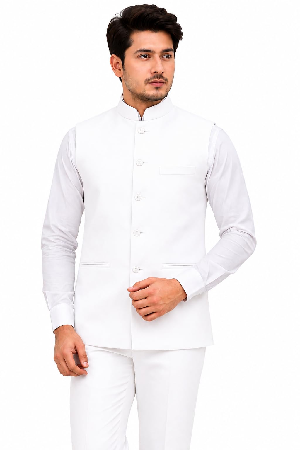 Armani Men's Black Nehru Jacket Solid Mandarin Collar Waistcoat (IN, Alpha, XL, White)-picture-50
