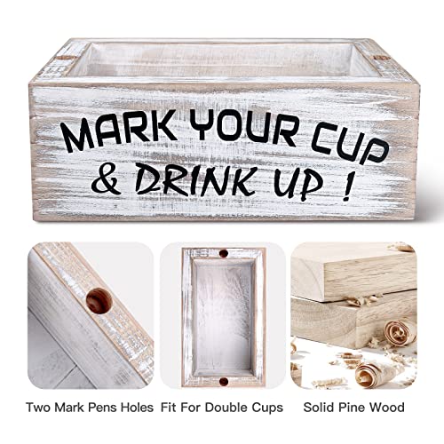 Wood Double Disposable Cup Holder with Marker Slot, Mark Your Cup and Drink Up Plastic Cup Organizer Drink Dispenser for Wedding Party Kitchen Decor - Thumbnail 3