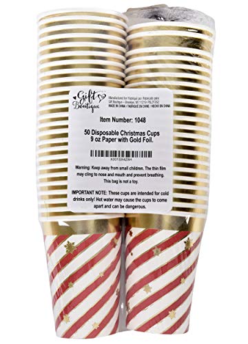 50 Disposable Christmas Cups 9 Oz. Paper In Elegant Candy Cane Striped Design With Gold Foil Outline And Scattered Snowflakes For Holiday Party Supplies #TOP3