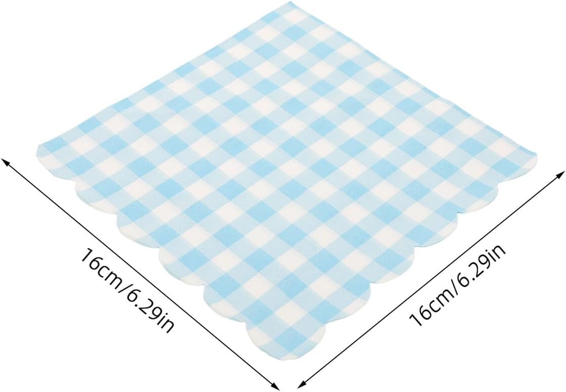 Disposable Blue Gingham Paper Napkins with Scalloped Edges, 100-count Party Tableware Napkins for Birthday, Wedding, and Graduation Celebrations