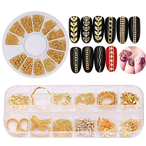 DouborQ 3D Metal Nail Art Studs Decorations Chain Mixed Design 24 Strips Glitter Nail Art Charms Metal Punk Nail Rivets (Gold)