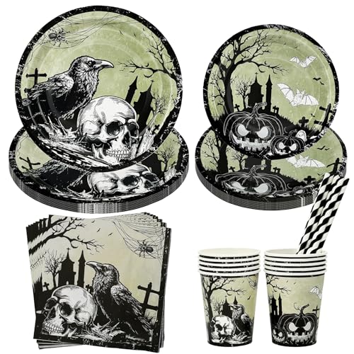 Set Stoviglie Halloween, 50 Pezzi per 10 Ospiti - Tavola Fantasma, Zucca, Piatto, Dessert, Asciugamani, Cannucce, Bicchieri per Feste Spaventose