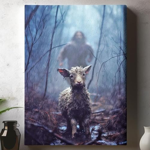 Image of GUN SUPPLIES OUTLET LLC Jesus and Lamb Canvas Wall Art Jesus Chasing After Lamb Picture Religious Christian Home Decor Print 12x16 inch