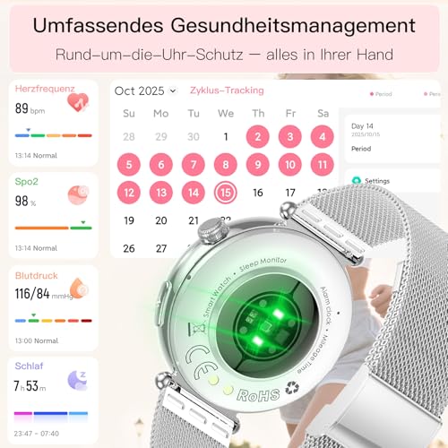 2026 Neue Smartwatch Damen mit EKG/ΒΙυtｚυcker/Blutdruckmessung,1,32AOD Gesundheitsuhr mit AI-Zifferblatt &AI-Smart-Q&A,Bluetooth Anrufe/SpΟ₂/Apnoe/Puls/HRV/BMI/Schlaf/Stress, Klein Runde Fitnessuhr