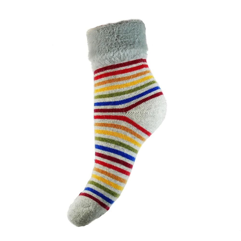 Joya Luxurious Cuff Socks Grey With Multicoloured Stripes And Faux Fur UK 4-7