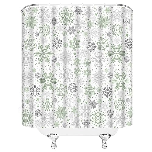 ZNLSU Snowflake Shower Curtain Christmas Merry Christmas Winter Holiday Gray Sage Green Snowflake Vintage Rustic Vintage Fabric Bathroom Curtain Sets with Hooks by ZNLSU - Used condition - Image 3