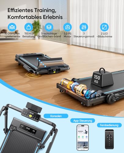 RUNIMON 6-IN-1 Laufband für Zuhause Klappbar mit Abnehmbarem Tisch,3.0HP Laufbander mit Steigung bis 12%,12KM/H Walking Pad Klappbar mit 15cm Teleskop-Riser&RGB-Lichter,Laufband für Zuhause 150KG - Funktionsansicht 5 | Tages Deals