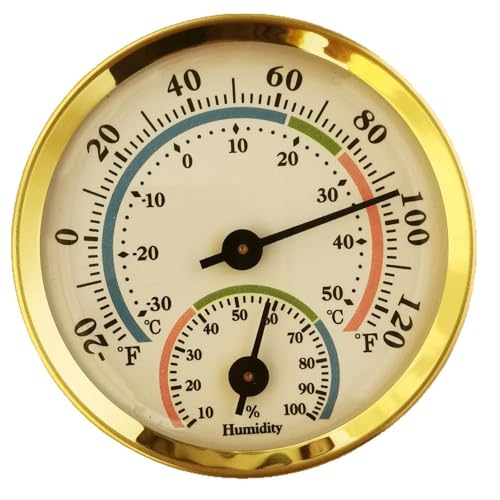 Dranvosk Mini Analog Hygrometer Thermometer - High Precision Humidity Temperature Gauge with Aluminum Alloy Case for Indoor Home Office Room Car Patio Sauna Garden Wall Mount(Gold)