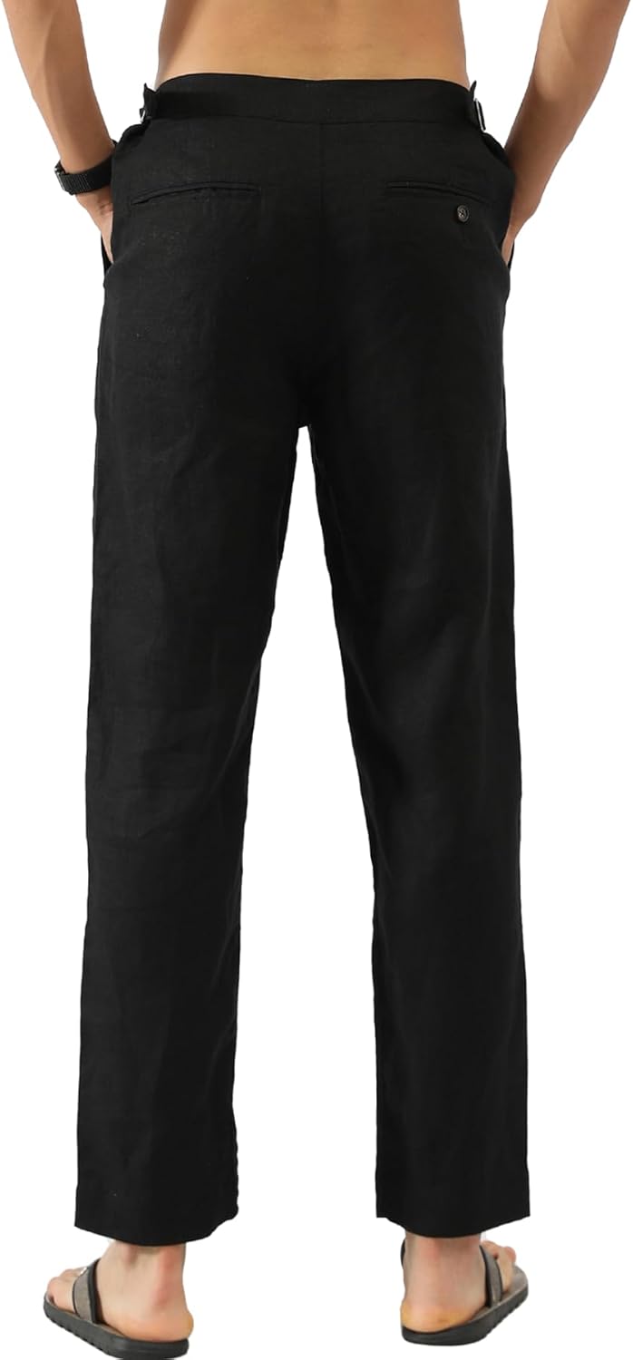 Men's 100% Linen Pants with Adjustable Tabs Breathable Mid-Weight Tapered Leg Trousers for Casual Office Travel