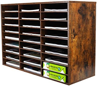 PAG Wood Literature Organizer Office Home File Sorter Mail Center Paper Storage Holder Classroom Keepers Mailbox, 27 Slots Compartment, Retro Brown