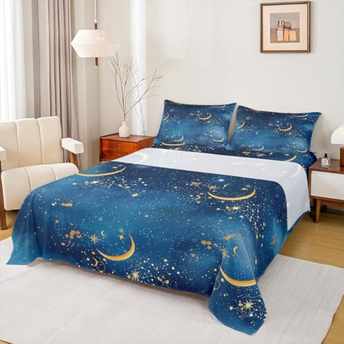 Juego de sábanas de estrellas doradas y luna, tamaño King, juego de ropa de cama de constelación de galaxia, 4 piezas, decoración de habitación para niños, niñas y adultos, sábana bajera de lujo de