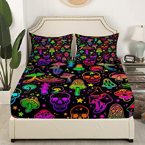 Erosebridal Cute Mushroom Queen Sheets Death Skull Bed Sheets Boho Skull Skeleton Fitted Sheet Kawaii Neon Wild Fungus Sheet & Pillowcase Sets Colorful Glitter Stars Bedroom Decor 4 Piece Soft #TOP2