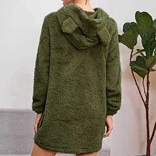 Cute Cat Ear Fleece Hoodie For Women Fuzzy Hooded Pullover Shirt Dress Loose Fit Sweatshirt Solid Long Sleeve Tops Army Green #TOP4