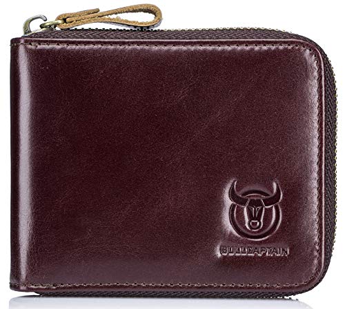 BULLCAPTAIN Mens Genuine Leather Zipper Wallet RFID Blocking Bifold Secure Zip Around Wallets Multi Credit Card Holder Purse (Brown-2)