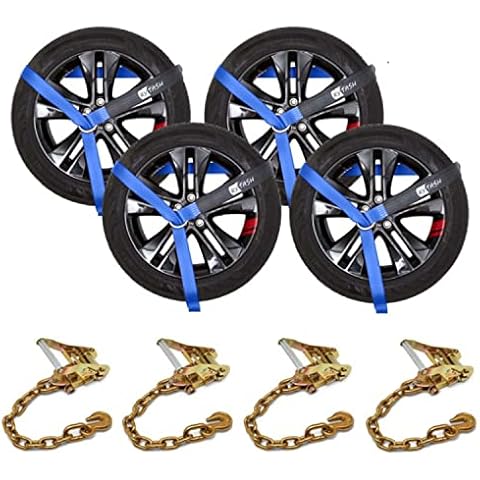 RYTASH Blue Car Tie Down Straps with Chain Anchors - 4 Pack of Car Hauling Straps - 2 inch x 96 inch Lasso Tire Strap - Tire Tie Down Straps for Car, Truck, Trailer, UTV - 10,000 Pound Break Strength Cover