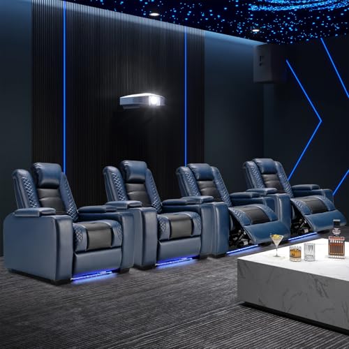 Image of ANJ Power Recliner Chairs Set of 4 for Adults, PU Leather Home Theater Seating with Adjustable Recline,LED Lighting,Arm Storage,USB,Cup Holders,Breathable Back, FSC Wood Frame,Blue