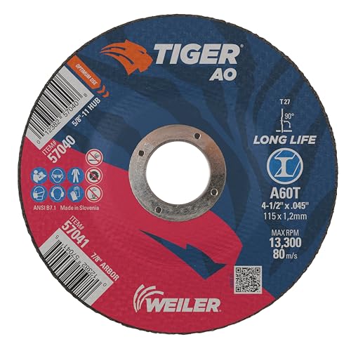 Weiler 57041 4-1/2 Inch Cutting Wheel, Tiger AO Steel/Metal Long Life Performance Cutting, .045" A60T Type 27 7/8" Arbor, Pack of 25