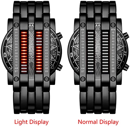 Binary Matrix Blue Led Digital Watch Mens Classic Creative Fashion Black Plated Wrist Watches (Black Red) #TOP1