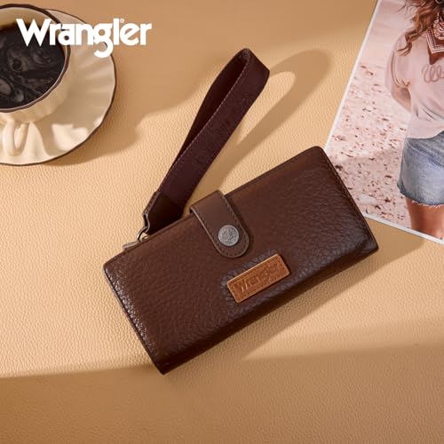 Image of Montana West X Wrangler Brown Wristlet Wallet Minimalist Clutch Womens Wallet Rfid Card Cases & Money Organizers with Coin Purse and Smooth Zipper