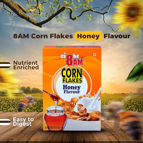 Image of 8AM Corn Flakes Honey 300 Gram (Pack Of 3), Golden Corns & Honey, No Cholesterol, Trans Fat, Artificial Additives, Iron & Calcium, Crunchy & Nutritious Whole Grain Breakfast Cereal