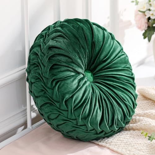 Drydiet 1 Pcs Round Throw Velvet Pillows Decorative Pleated Throw Pillows Diameter Accent Pumpkin Boho Chair Cushion for Couch Sofa Home Decoration (Deep Teal,15'')
