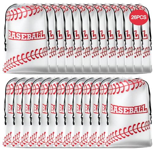 26 Pack Baseball Drawstring Gift Bags, 8" x 12" Reusable Baseball Goodie Bags, Waterproof Baseball Party Favor Bags for Snack Treat, Plastic Packaging Storage for Baseball Themed Party Supplies