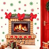 Large Christmas Wall Stickers Christmas Wall Decoration Vinyl Decals Realistic Bow Fireplace Decal for Walls Peel and Stick Indoor Snowflakes Xmas Art Murals for Living Room Holiday Party Supplies