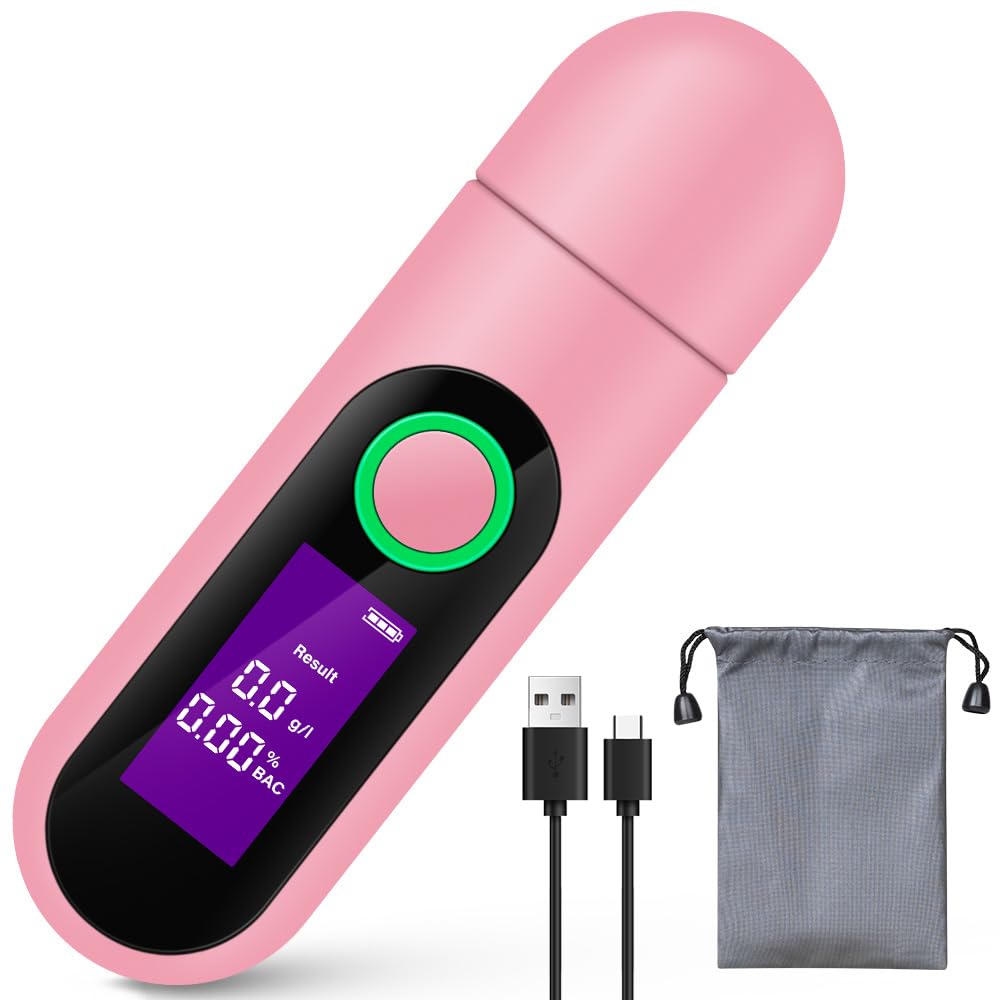 Breathalyzer, Portable Professional Grade Accuracy Alcohol Tester with USB Rechargeable, Digital LCD Display and Warning Function Breathalyzers for Drive & Party Use（2024 Upgraded） (Pink)
