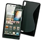 PeKa Internethandel Design Rubber Silikon TPU Hülle in Schwarz Plus Bildschirmschutzfolie kompatibel mit Huawei Ascend P6 – Cover Hülle Schale