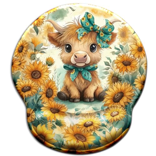 Mouse Pad with Wrist Rest, Highland Cow Sunflower Ergonomic Mousepad Wrist Support for Desk, Cute Bow Animial Gaming Mouse Pads for Wireless Mouse Computer Work Home Desk Accessories Office Supplies by Blusabaca - Used condition - US$10.98