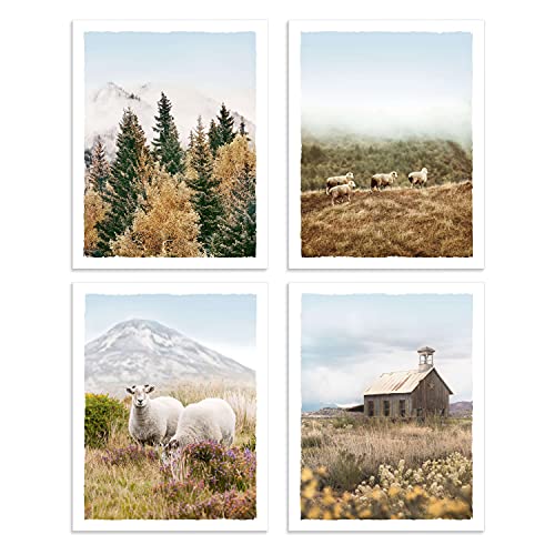 Nature Landscape Pictures Wall Art Set of 4 Misty Forest Mountain Prints Barn Sheep Artwork for Home Wall Decor Unframed 8 x 10 Inches