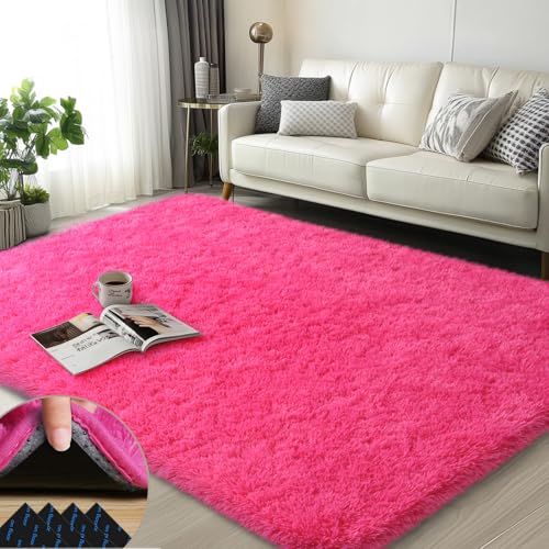3x5 Rugs for Bedroom, Fluffy Area Rugs for Living Room, Soft Shag Kids Rug Small Carpet with 4 Non-Slip Rug Pads (Hot Pink, 3ft x 5ft)