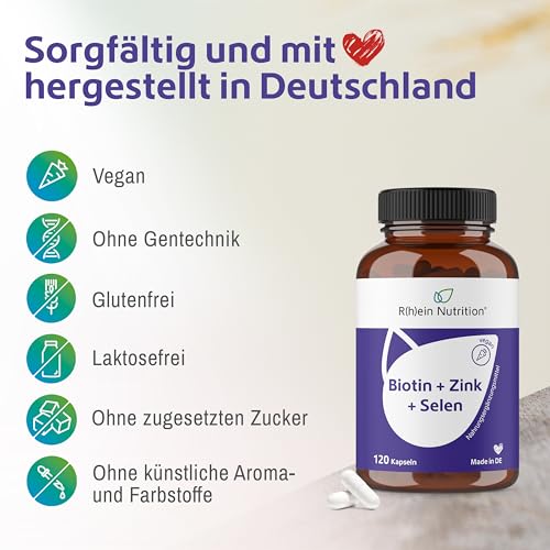 Biotin Hochdosiert + Zink + Selen Kapseln - Haut Haare Nägel Kapseln - 120 Kapseln 4 Monate Vorrat - Haar Vitamine - Vegan Ohne Zusätze in Deutschland hergestellt - Rhein Nutrition