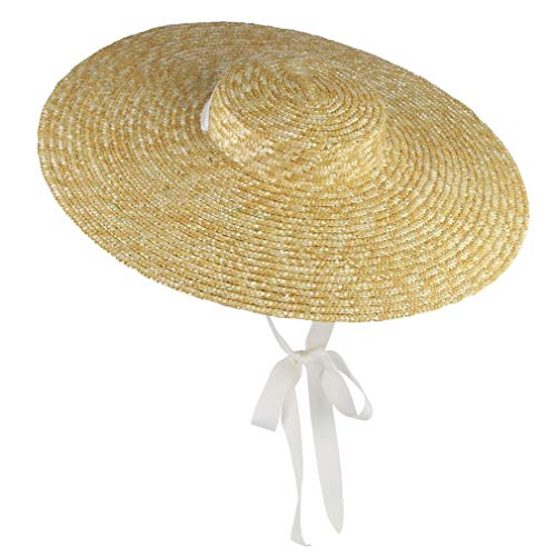 Jelord Women Vintage Boater Straw Hat Wide Brim Flat Top Floppy Derby Straw Hat Beach Sun Hats With Chin Strap Brim:18Cm White #TOP3