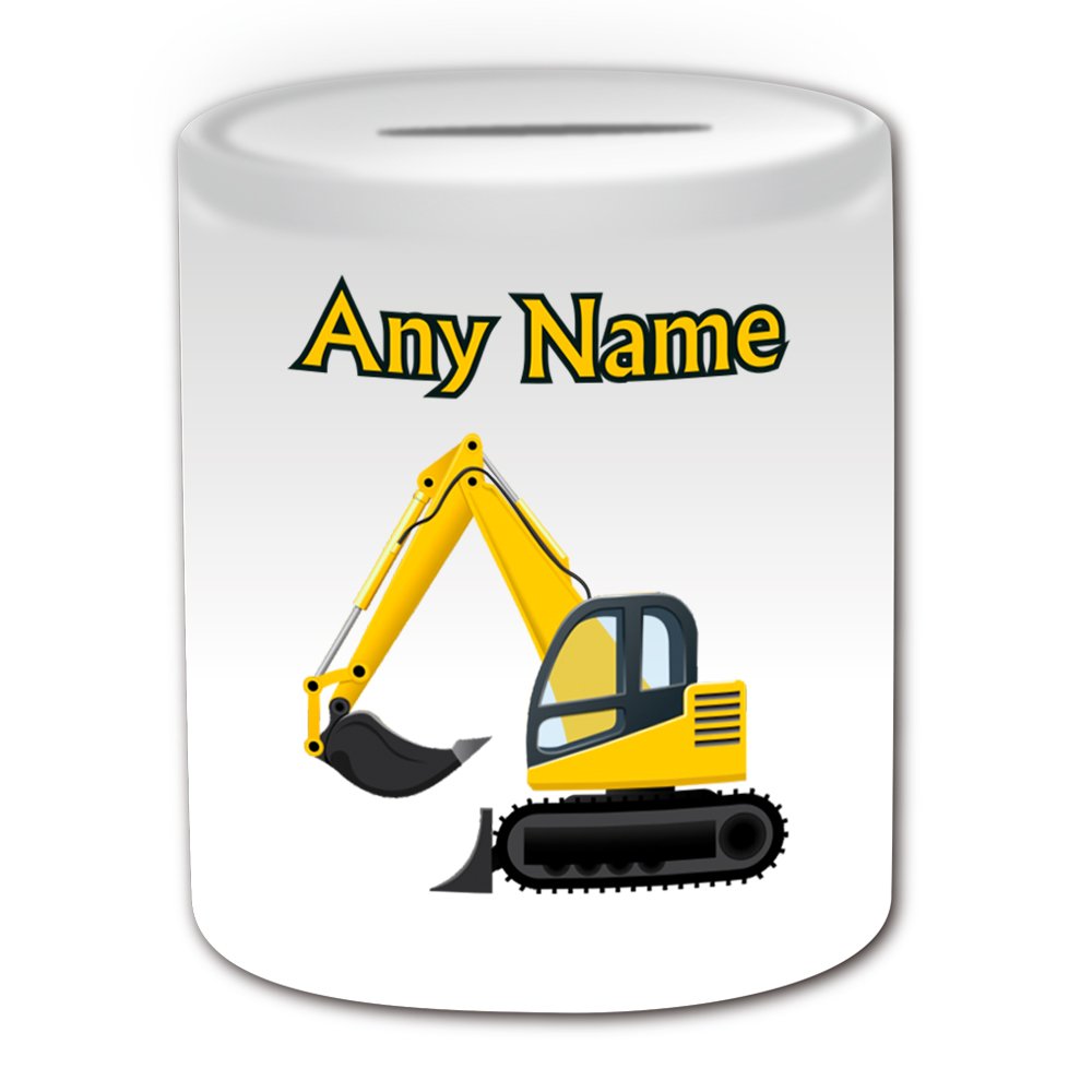 Unigift White Personalised Gift - Excavator Money Box (Transport Design Theme, ) - Any Name / Message On Your Unique - Saving Piggy Bank - Driver Tracked Digger Heavy Vehicle Automobile Truck Construction Road Worker Jcb Cat Mechanical Shovel Hgv