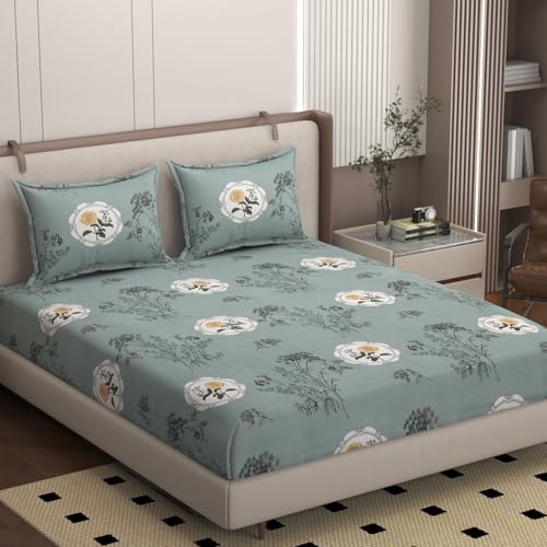 Image of Botanica Luxury Cotton Fitted Bedsheet for King Bed (78x72 Inches) - Includes 2 Pillow Covers - Soft & Breathable Fabric Stylish Finish Comfort & Modern Look (Pack of 1)