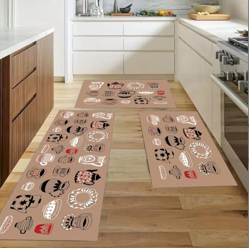 Jogo de Tapete de Cozinha 3 Peças Picasso, Antiderrapante, Estampas Exclusivas, Leve e Fácil de Limpar (Marrom Louça)