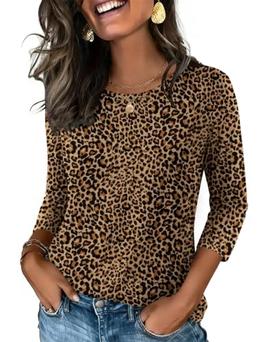 Zeagoo Tee Shirt Femme Manche 3/4 Col Rond Chemisier Casual Été Léopard XXL