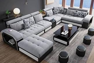 Modern U-Shaped Sectional Sofa Set with Storage, 9 Seater, Sofa Couch with 4 Puffy for Hall Guest Room (Grey & Black)