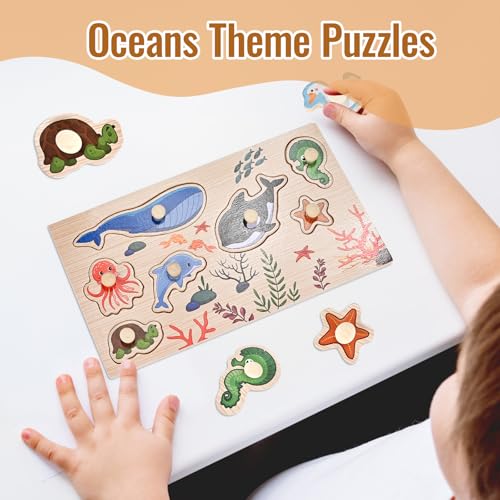 WoodTrove Wooden Peg Puzzles for Toddlers 1-3, 2 Pcs Montessori Puzzles, Animal & Sea Themes Puzzles, Great Preschool Educational Learning Gifts for Girls and Boys - Thumbnail 5