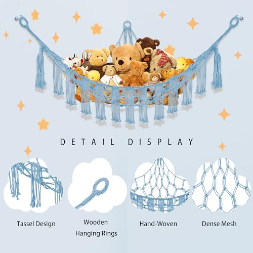 Image of CERETIA Stuffed Animal Hammock with LED Light, Large Stuffed Animals Storage Corner Plushie Net for Kids Room Decor, Baby Blue