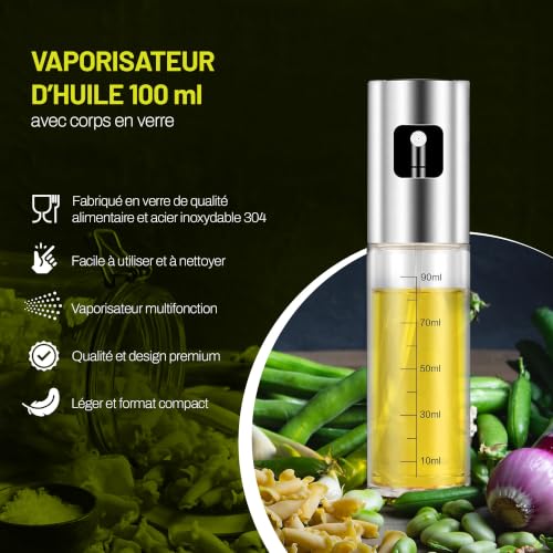 PORTENTUM Pulvérisateur d’Huile 100 ml en Inox, Huile Spray Cuisine et Friteuse à Air, Huilier en Verre avec Accessoires Antigoutte – vue 2