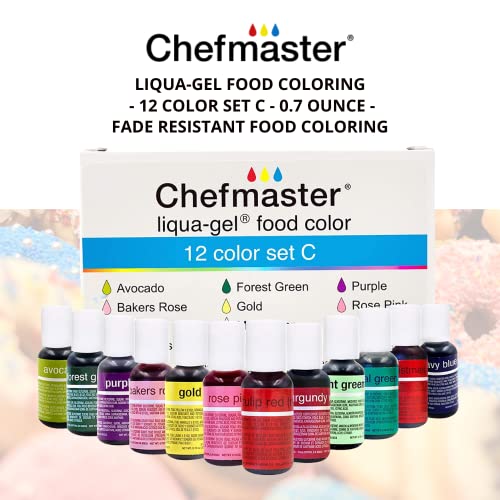 Chefmaster - Liqua-Gel Food Coloring - 12 Color Set C - Fade Resistant Food Coloring - 12 Pack - Vibrant, Eye-Catching Colors, Easy-To-Blend Formula, Fade-Resistant - Made In The Usa #TOP6