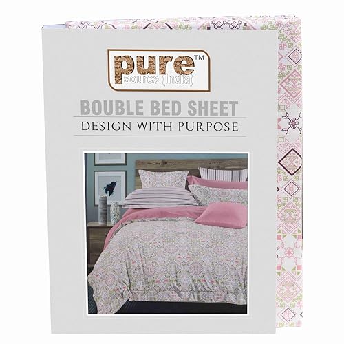 Image of Pure Source India Pure Cotton Elegance Bedding Set, Dreamy Cotton Comfort Double Bed Sheet with Pillow Covers (Green Pink Jhoomar)