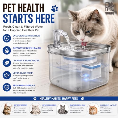Image of PetVogue Pet Water Fountain | Stainless Steel Bowl | Continuous Flow with Filter | Ultra-Quiet | for Cats & Dogs (2.2 LTR Water Dispenser)